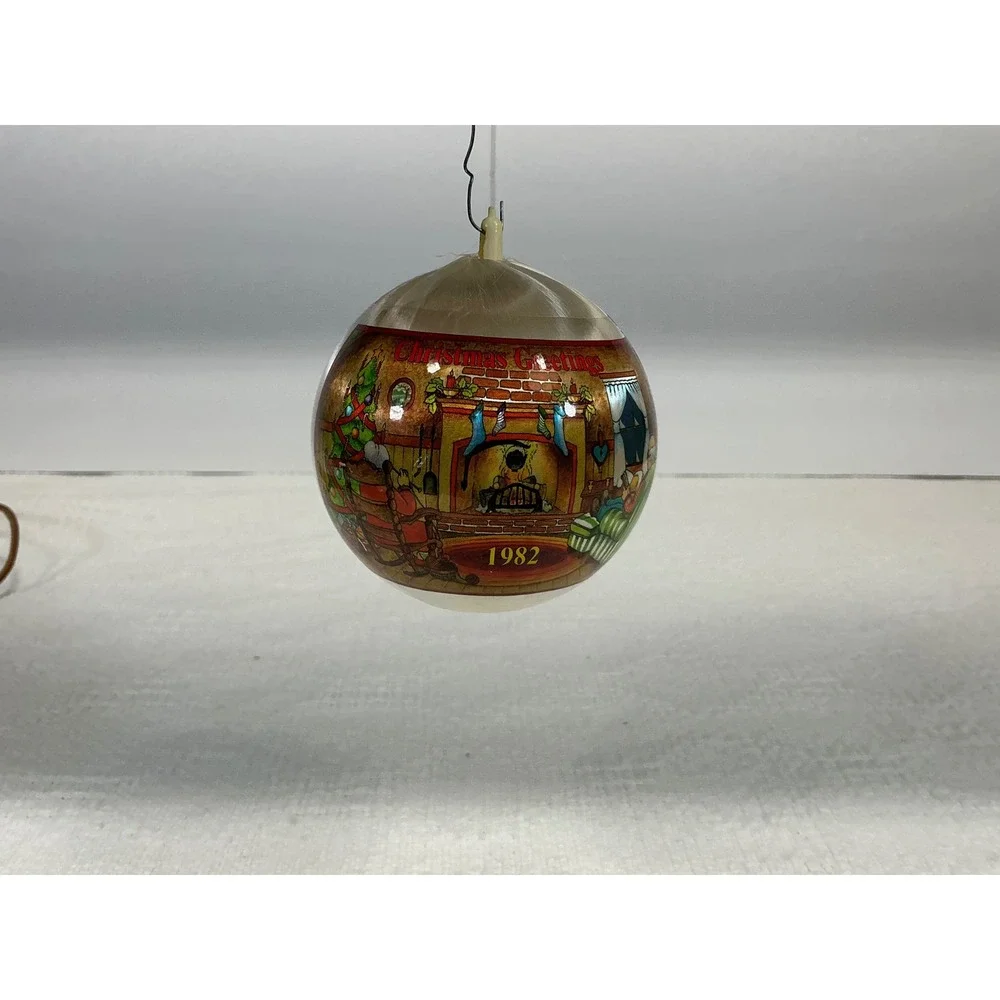 Vintage Christmas Greetings 1982 Satin Ball Ornament Fireplace Scene Cream Multi